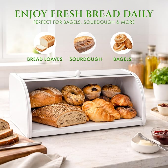 FINESSY Large Bread Box Roll Top, White Metal Bread Box For Kitchen Counter | Bread Box For Homemade Bread, Holds Two Loaves, Bagels & Muffins. White Metal Bread Box With Roll Top Lid 17.3 × 10.4 × 6.8