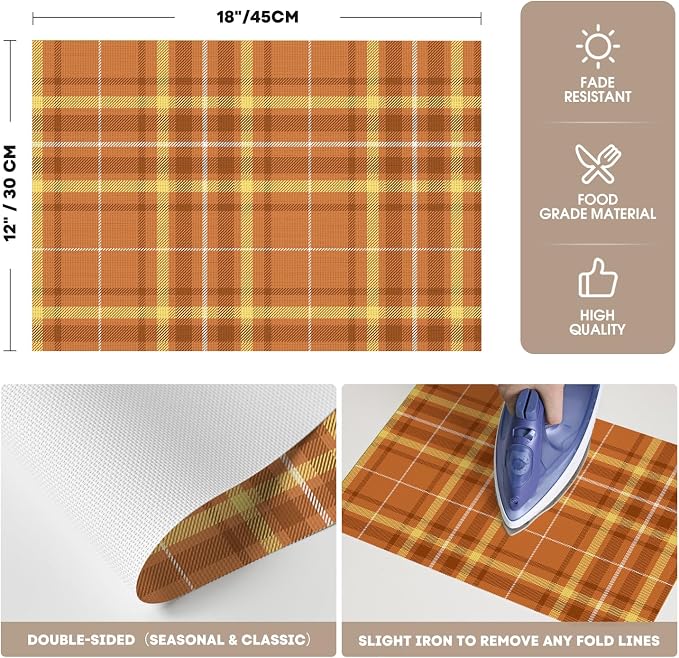 Artoid Mode Orange Striped Check Thanksgiving Vinyl Placemats Set of 4, Heat Resistant Non-Slip Woven Plastic PVC Place Mat for Party Kitchen Dining Decor