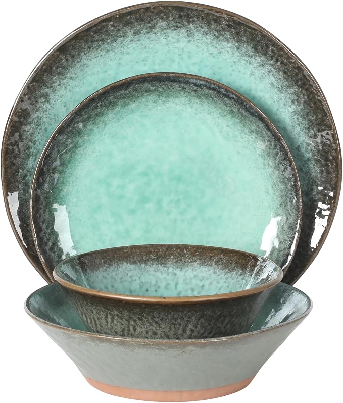 Gibson Elite Green Lantern Service for 4 (16 Piece) Double Bowl Dinnerware Set, Teal, Soft Gray, Dinnerware Set