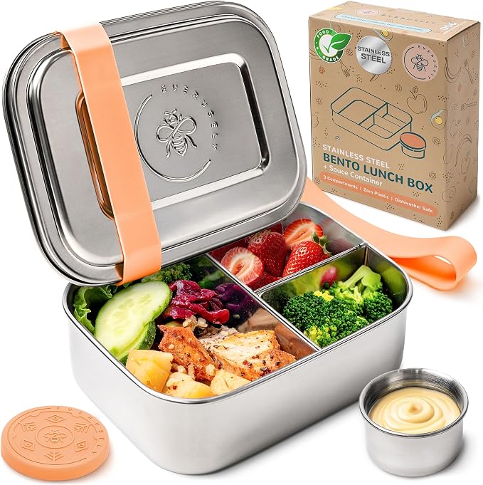 Stainless Steel Bento Box + Condiment Container - Orange, 27oz / 0.8 L | Everusely metal lunch box, leakproof sauce container, 3 compartment snack organizer for travel, freezer & dishwasher safe