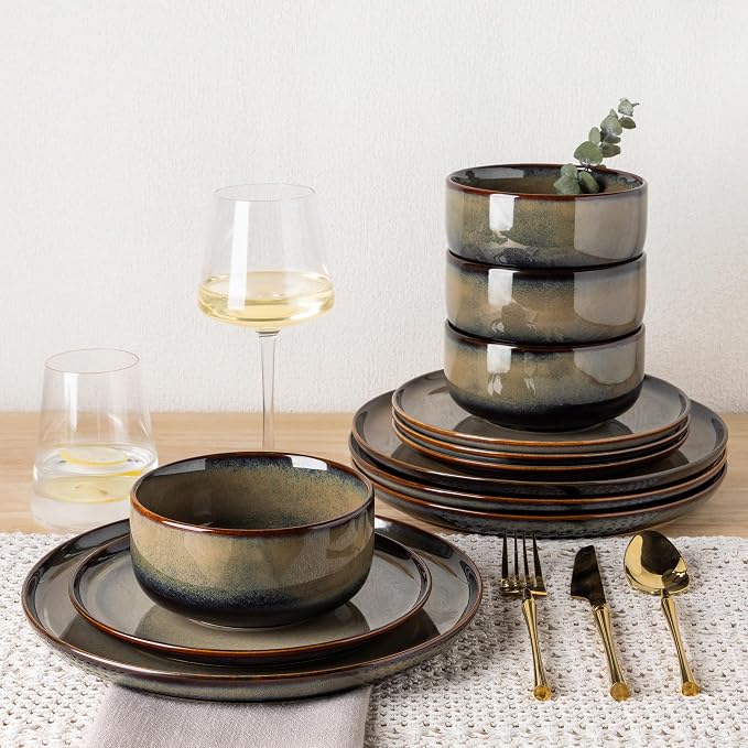 Ceramic Dinnerware Set for 4, 12-Piece Plates and Bowls Set | Handmade Reactive Glaze Dish Set, Scratch Resistant, Oven & Microwave & Dishwasher Safe, Mocha Brown