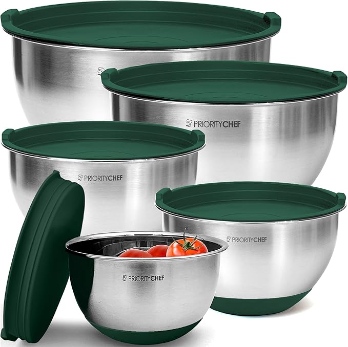 Premium Mixing Bowls With Airtight Lids Set, Thicker Stainless Steel Mixing Bowl Set, Large Prep Metal Bowls with Lids, Nesting Bowls for Kitchen, 1.5/2/3/4/5 Qrt, Green