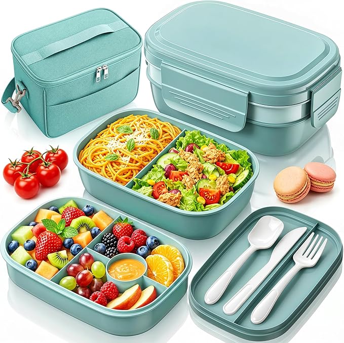 HOMETALL Bento Box Adult with Insulated Lunch Bag - 3 Stackable Leak-Proof Lunch Box Containers for Women & Men - BPA Free Lunchbox with Utensil Set (Spoon, Knife, Fork) for Work, Picnic, Dining Out