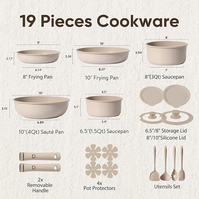 CAROTE 19pcs Pots and Pans Set Non Stick, Detachable Handle Cookware Sets | Ultra Nonstick, Space Saving, Dishwasher & Oven Safe, Non-Toxic Kitchen/Apartment/Camping/RV/ Traveling, Taupe
