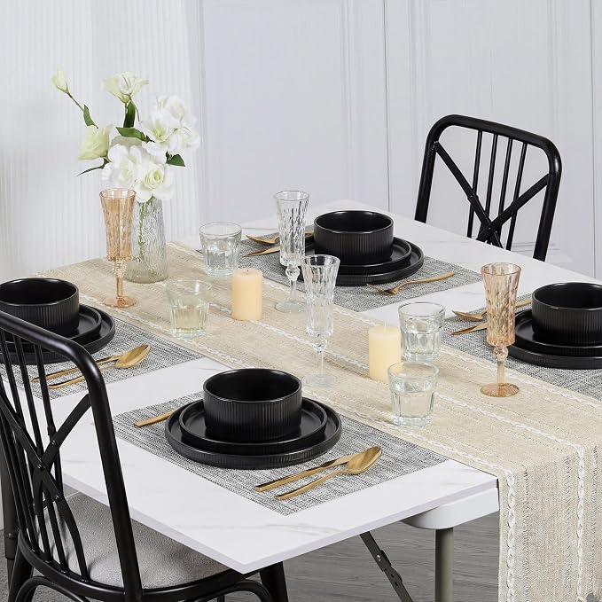 E-far 12-Piece Plates and Bowls Sets, Stoneware Dinnerware Dishes Sets for 4, Kitchen Modern Dining Dishware, Chip & Scratch Resistant, Microwave & Dishwasher Safe, Matte Black