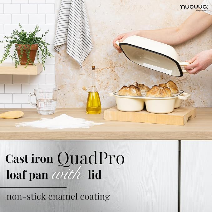 QuadPro Enamelled Cast Iron Bread Loaf Pot – Dutch Oven for Sourdough Bread Baking – 500°F Oven Safe Non Stick Bread Pot – 4 Round Loaf Spaces (4.90-inch Diameter), Cream – by Nuovva