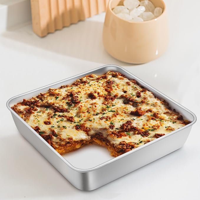 TeamFar 9 x 9 Baking Pan, Square Cake Pan with Lid - 1 Pan + 1 Lid | Stainless Steel for Baking Cooking Brownie Lasagna, Portable for Home Outdoor Camping, Non-Toxic & Dishwasher Safe