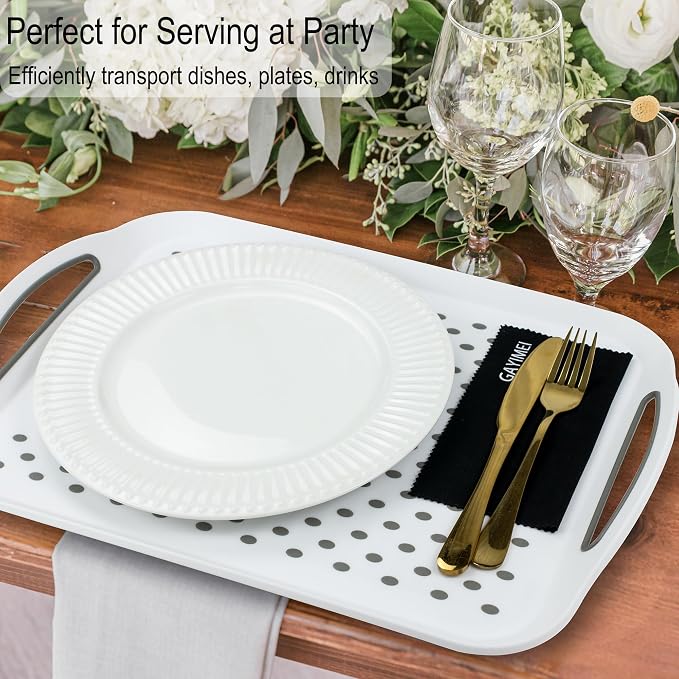 Large Anti-Slip Serving Tray with Handles, 17.8" x 12.5", White | Dual Rubber Grippy Lap Food Trays for Eating, Dinning, Breakfast, on Couch/TV, Set of 2