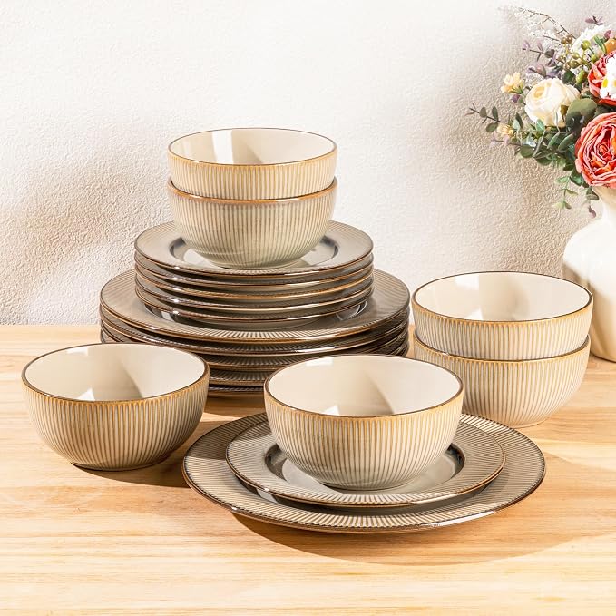 GBHOME Ceramic Dinnerware Sets of 6,18 pcs Plates and Bowls Sets Dishes | Embossed Elegant Stoneware Dishes Set | Dishwasher & Microwave Safe | Service for 4
