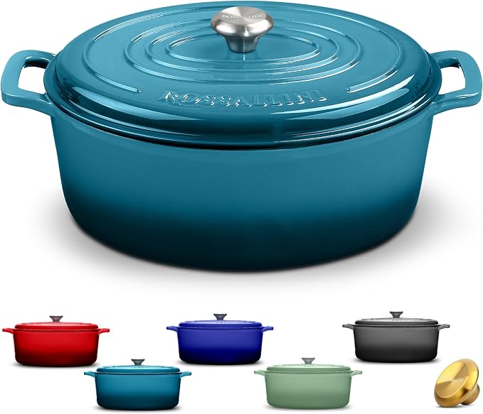Signature Enameled Cast Iron Oval Dutch Oven | Non-Stick Serving Pot with Tight Fitting Lid for Perfect Roasting, Baking, Sauteing, and Bread Making | 5Q [Ocean Blue]