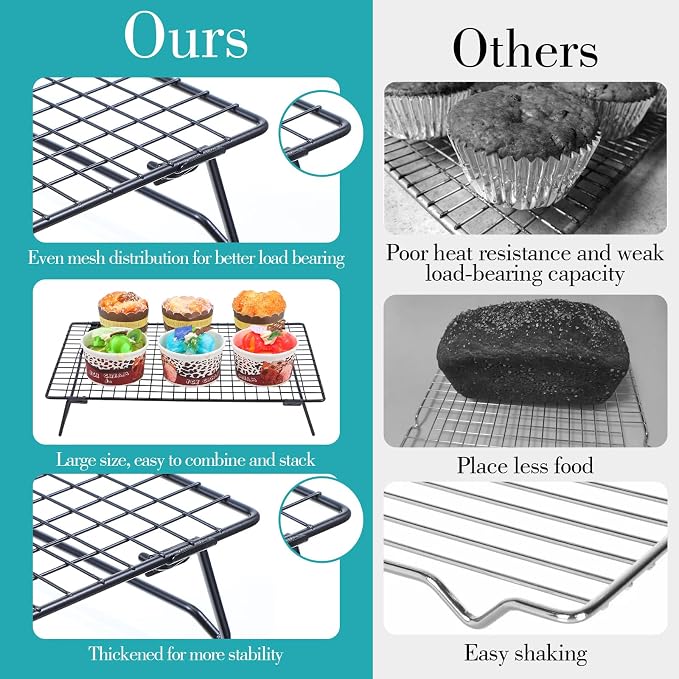 Kifmurase 2PCS Stackable Cooling Rack for Baking Wire Rack with Folding Leg | 13.3 x 9.3 Inch, Carbon Steel, for Cookie Cake Pizza Jerky, Multi-Use, Bread Oven Racks, for Cooking Roasting Drying Grilling