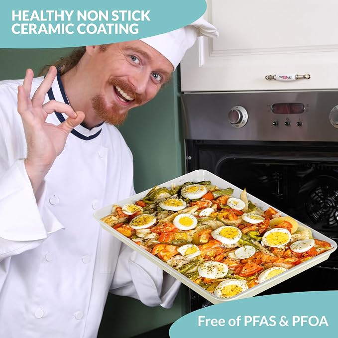 Non-Stick Ceramic Baking Sheet - Slick & Non-Toxic Ceramic Coating, PTFE & PFOA Free Cookie Sheet Pan - Cookie Sheet, Perfect for Baking, Roasting, and More (Half Sheet Pan)