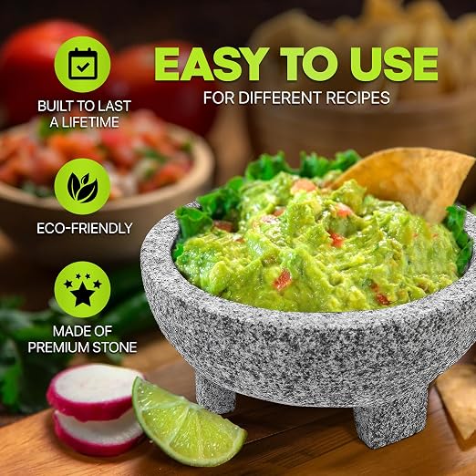 Granite Mortar and Pestle Set 8-Inch (3.5-Cup), Molcajete, Grey | 100% Granite, Avocado Tool Included, Molcajete Mexicano, for Guacamole, Spices, Herbs & Pesto, Premium Kitchen Gift