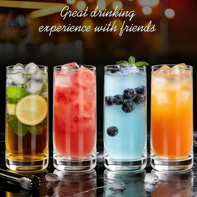 Highball Glasses Set of 6, Clear Drinking Glass for Mixed Drink | 13oz ,Cups for Cocktail, Beer, Mojito, Water and Juice,Thick Tall Glassware for Kitchen, Restaurant, Home Bar and Parties
