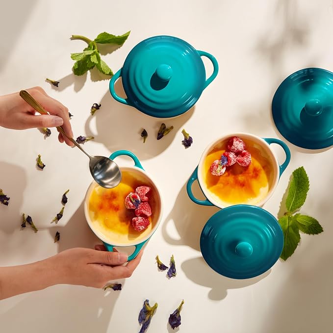 Kook Ceramic Mini Cocotte Set, Small Casserole Dishes with Lids and Handles, Individual Baking Ramekins, Oven Safe 350F, Microwave & Dishwasher Safe, Stoneware, 12 oz, Set of 4, (Aqua Ombre)