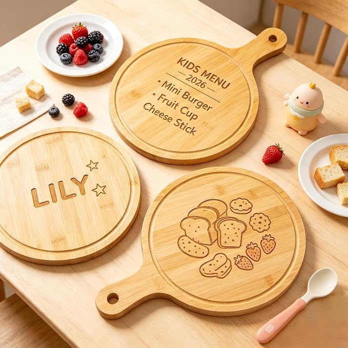 10pcs Round Wood Cutting Boards set with Handle, 10" Bamboo Laser Engraving Charcuterie Boards Bulk for Kitchen, Wooden Serving Tray for Pizza, Bread, Cheese, Charcuterie, Fruit, Vegetables