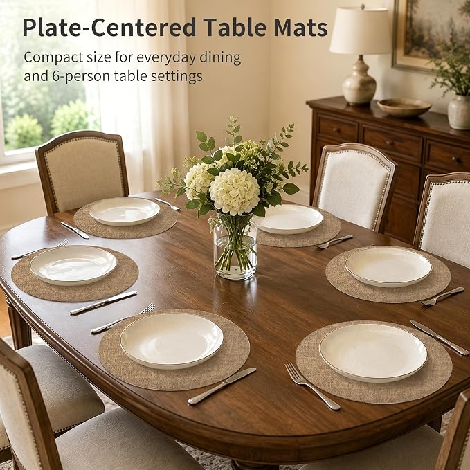 Maxpearl Faux Leather Round Placemats Set of 6, 13.8 inch, Brown | Waterproof, Heat Resistant, Non Slip, Wipe Clean Dining Table Place Mats, Suitable for Indoor & Outdoor Use, Table Settings