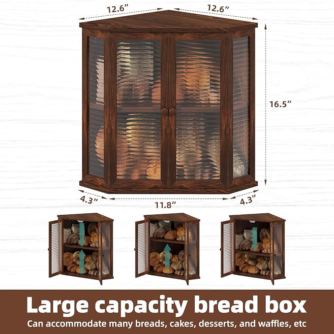 Corner Bread Box for Kitchen Counter, 16.7 Inch Extra Large 2-Tier Farmhouse Bread Box with Natural Pine Wood Grain, Dual Wave Glass Doors and Adjustable Shelf(Pine Wood)