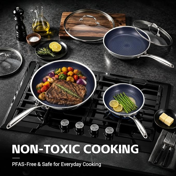 Ammeloo Hybrid Tri-Ply Stainless Steel Frying Pans Set, 8"/9.5"/11" Cooking Pans, Non Stick Frying Pans and Skillets, Chef Pan, Non Toxic, Dishwasher Safe, Induction Compatible, Blue Interior