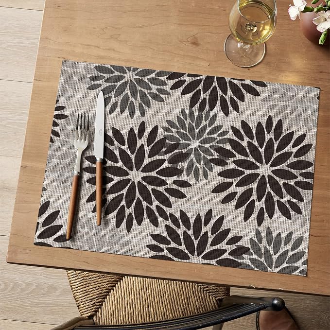 Artoid Mode Floral Vinyl Placemats Set of 6, Heat Resistant Washable Non-Slip Plastic PVC Halloween Place Mats for Party Kitchen Dining Decor, Black