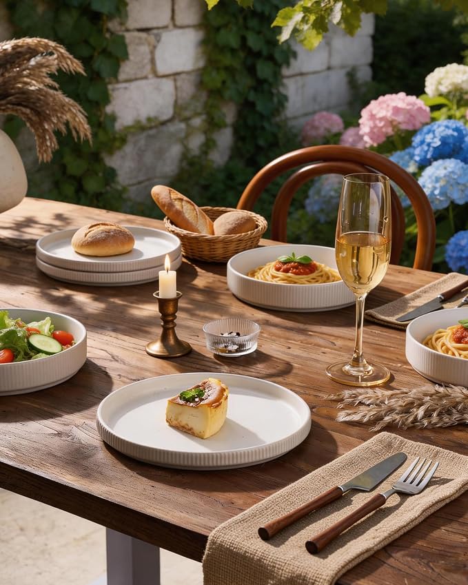 Stoneware Dinnerware Sets for 4, 8-Piece Wide Pasta Bowls and Salad Plates | Famiware Premium Ceramic Dishes, Chip & Scratch Resistant, Microwave & Dishwasher Safe, Everyday & Serving Use, Matte White