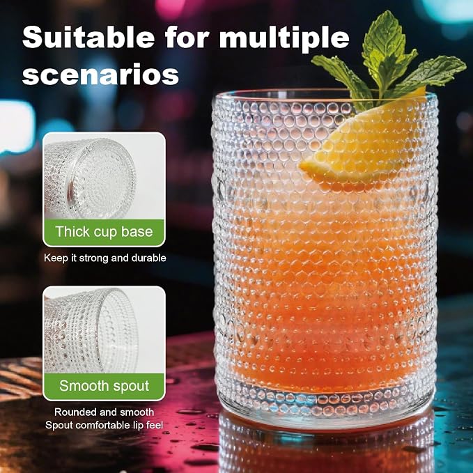 Hobnail Drinking Glasses Set of 8，Includes 12 oz beer glasses and 10 oz cocktail glasses.Kitchen Water Glass Cup,Bar Tumbler Glassware Set for Whiskey, Beer, Cocktail, Juice, Milk
