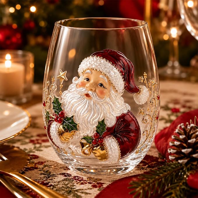 Christmas Wine Glasses, 12oz Stemless Holiday Glassware with Festive Style (Santa (B))