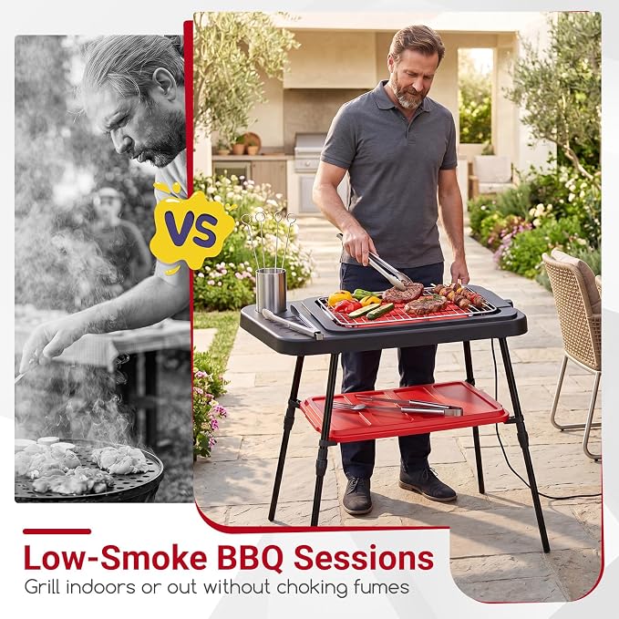 Giantex 2-in-1 Electric Grill and Griddle Indoor Outdoor | Portable Low-Smoke BBQ Grill with Adjustable Stand, Grease Tray, Tabletop or Freestanding, for Picnic Camping Backyard, 1500W