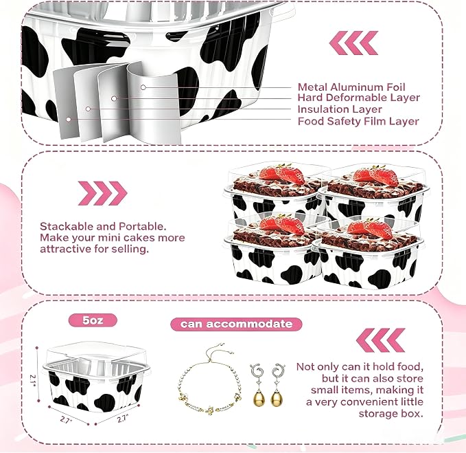 60Pack 5oz Cow Mini Cake Pans with Lids Baking Cups Aluminum Foil Pans Tins, Individual Dessert Cups Containers for Sales,Party,Picnics