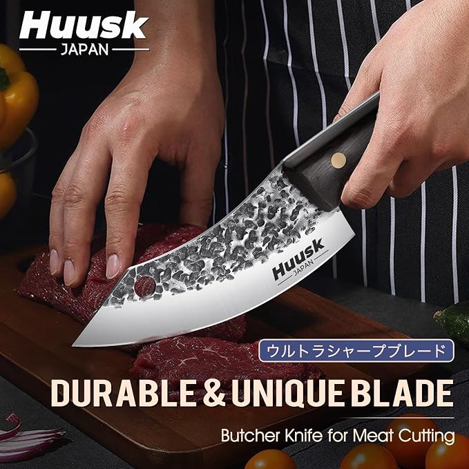 Huusk Japanese Mini Cleaver Knife, Small Meat Knives with Sheath | Hand Forged Full Tang Chef Viking Knife for Fishing, Outdoor Camping, BBQ, Gift for Men and Women