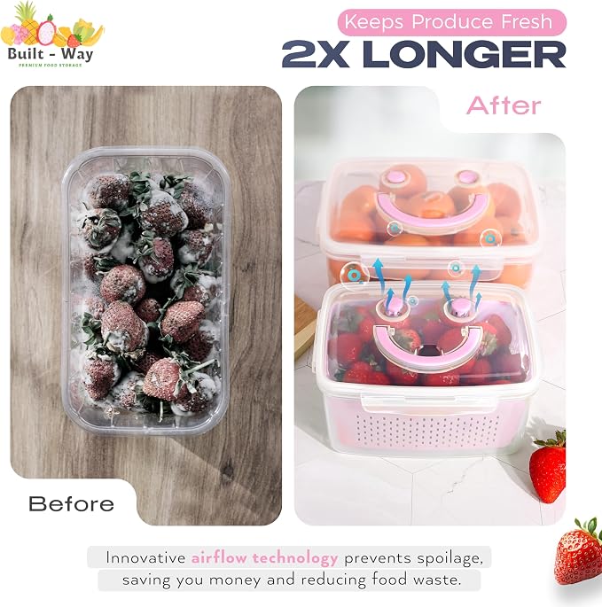 Fruit Storage Containers for Fridge - Set of 4 - Airtight Lid Keeps Fresh - For Fruit & Vegetable Storage - Space-Saving Design - Ideal for Produce, Berries, Snacks - Pink