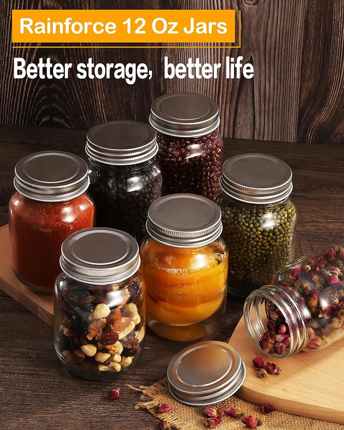 Rainforce Mason Jars 12 oz 20 Pack Glass Jars with Silver Lids food Storage | Regular mouth canning jars for pickles,meal prep,crafts with 20 labels and 1 pen.Food Storage frascos de vidrio con tapa para