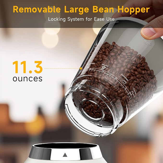Conical Burr Coffee Grinder with 40mm Stainless Steel Burr, 34 Grind Settings Anti-static, Electric Espresso Grinder for Home Use – Perfect for Espresso, Drip Coffee, French Press & Cold Brew, White