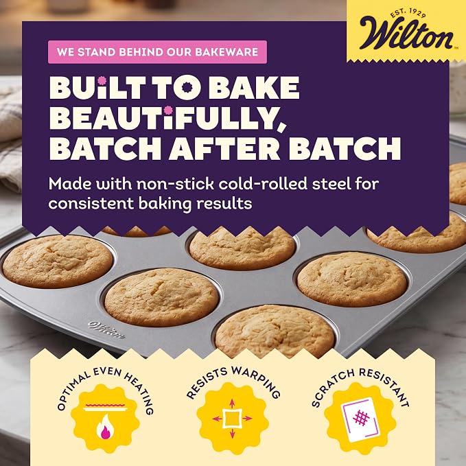 Wilton Gold Non-Stick Muffin Top Pan, Stainless Steel, 11 x 16 in. | Non-Stick Steel with Scratch-Resistant Coating, Resists Warping, Extended Handles, Dishwasher Safe, Perfect for Muffin Tops