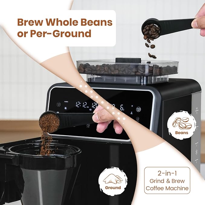 Gevi 10-Cup Drip Coffee Maker With Built-In Burr Grinder & Touch Screen | Programmable Brewing, 4-Hour Warming Plate, Permanent Filter, Included Glass Carafe for Fresh Grind-And-Brew Coffee at Home
