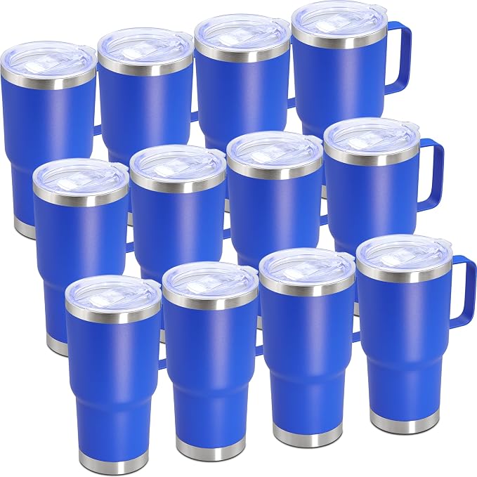 20 oz Tumbler with Handle Coffee Tumblers with Lid Travel Mug Dark Blue 12P | 20oz Tumblers with Handle Double-Wall Insulated Vacuum Coffee Mugs Stainless Steel Tumbler with Handles&Lid Dark Blue 12P