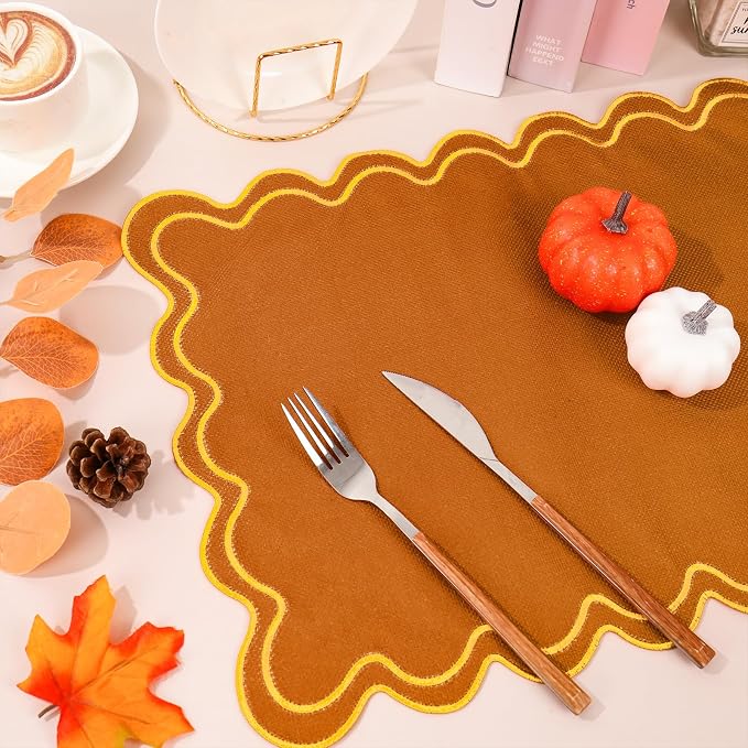 Whaline Orange Yellow Linen Placemats Embroidered Fall Scalloped Kitchen Place Mats for Autumn Birthday Party Home Dining Table Decor, Set of 6, 13 x 19 in