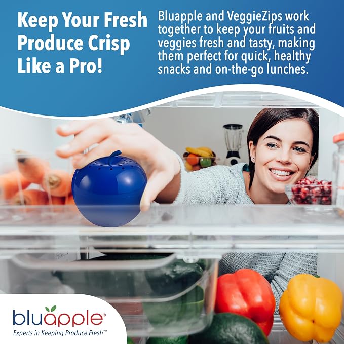 Bluapple Produce Saver Ethylene Gas Absorber - Fresh Fruit & Vegetable Storage, VeggieZips Humidity Control Storage Bags, Food Savers for Refrigerator, Kitchen Must Haves, BPA Free - Starter Pack