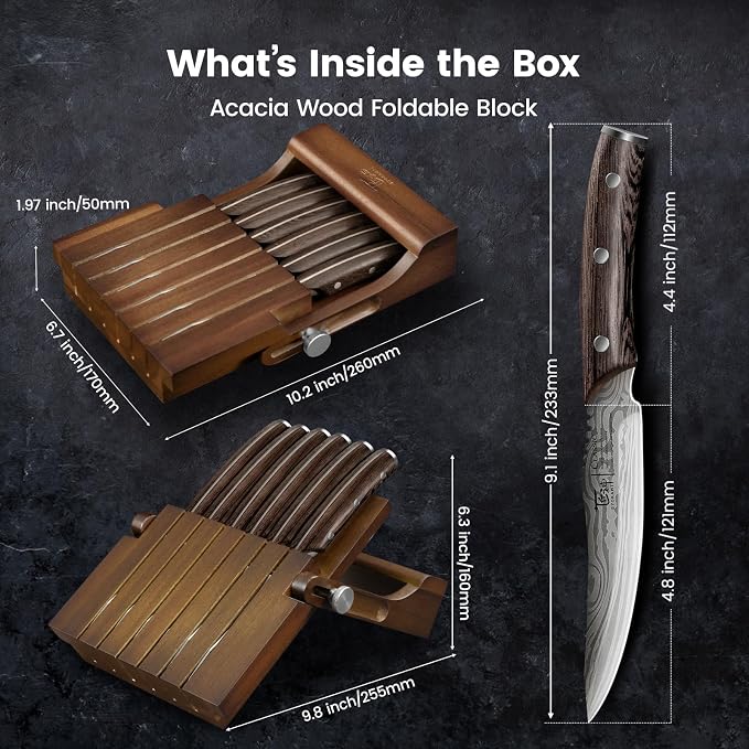 2026 Upgrade Steak Knives Set of 6 with Acacia Wood Foldable Block | 4.8 Inch Non Serrated Stainless Steel Dinner Knives, Full Tang Wenge Wood Handle, Damascus Pattern, Sharp Blade, Ideal Gift