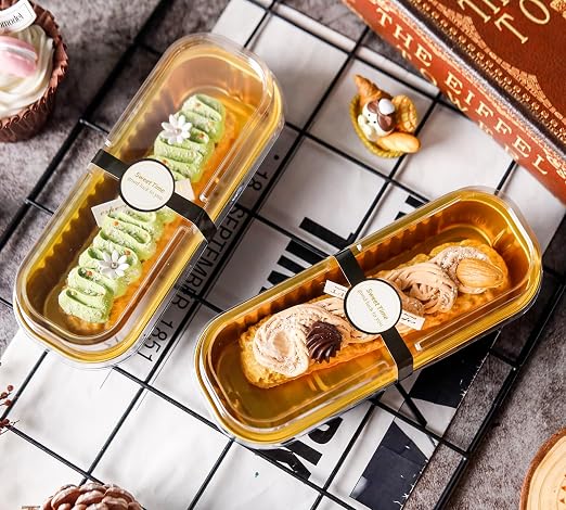 NPLUX Loaf Pans with Lids, 100 Pack Black Gold 6.8oz for Bakery Gifts | Use for tasting samples, dessert bars, fruit cups and brownies; clear top helps buyers see the finished look.