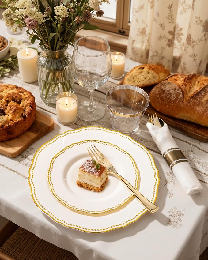 175 Pcs Ivory Gold Plastic Plates Wedding & Party | Gold Plastic Dinnerware Set Includes 25 Dinner Plates, 25 Dessert Dinnerware, 25 Cups, 25 Napkins Perfect