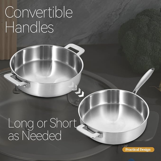 8.5-10 Inch & 6QT Tri-Ply Stainless Steel Pan Set wih Lid | Multi-Purpose | Induction Cooking Skillet | Jumbo Cooker | Dishwasher & Oven Safe | Compatible with All Cooktops | Two Handles for Conversion