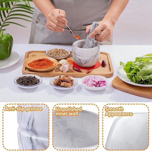 Mortar and Pestle Set Polished Natural Marble Stone Guacamole Molcajete Bowl with Silicone Pad, Stainless Spoon and Small Brush (Small, Light White Gray)
