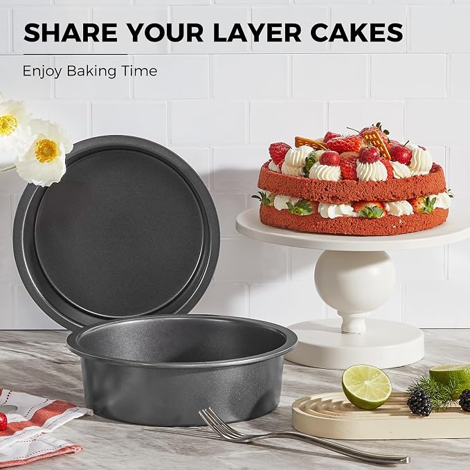Round Cake Pan Set for Baking, 8 Inch, Nonstick Deeper Circle Cake Pans with Wider Grips, 2 Pieces Layer Cake Tin, Cheesecake Mold, Huty Duty, Dishwasher Safe - Grey