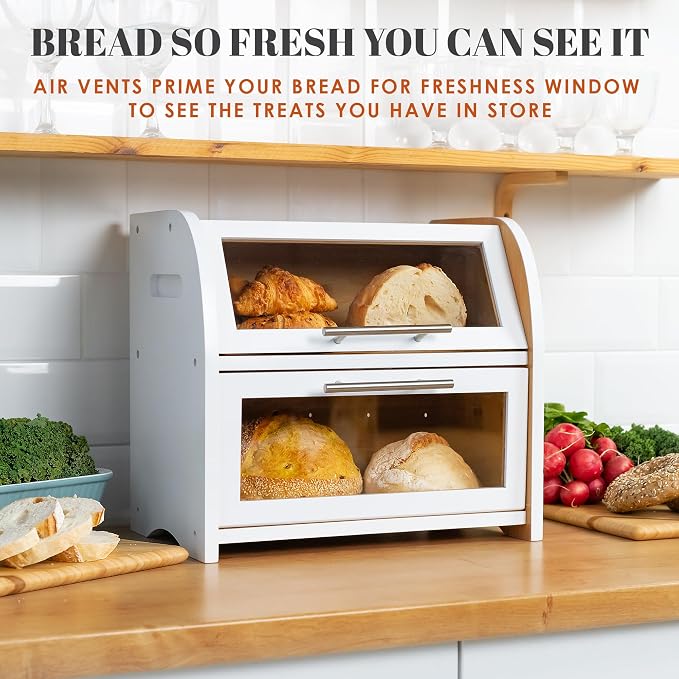 Arise Stylish Bamboo Bread Box for Kitchen Countertop, Extra Large 2-Shelf Wooden Bread Storage Container with Clear Windows and Air Vents Keep Bread, Bagels and Rolls Fresh, Self Assembly | Bread Storage Container with Clear Windows & Air Vents, Bread...