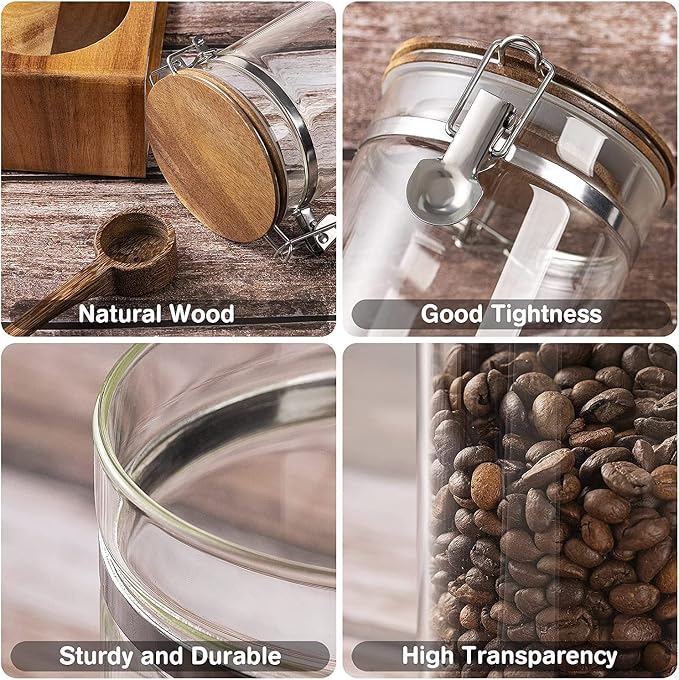 Coffee Canister with Shelf: 2P 45OZ Glass Airtight Coffee Holder | Large Capacity Coffee Container w/Acacia Scoop - Kitchen Food Storage Jar for Ground Coffee/Tea/Sugar/Cereal/Nuts/Coffee Bar