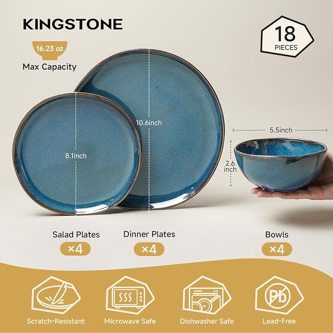 Stoneware Dinnerware Sets for 6, Reactive Glaze Plates and Bowls, Blue | 18-Piece Handcrafted Rustic Porcelain Dishes Set, Highly Scratch Resistant, Dishwasher & Microwave Safe