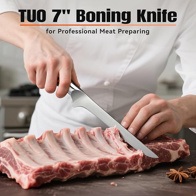 TUO Boning Knife, 7 inch Sharp Fillet Knife for Trimming Meat with Bones, Woodgrain Pakkawood Handle, High Carbon German Steel, Gift Box Included