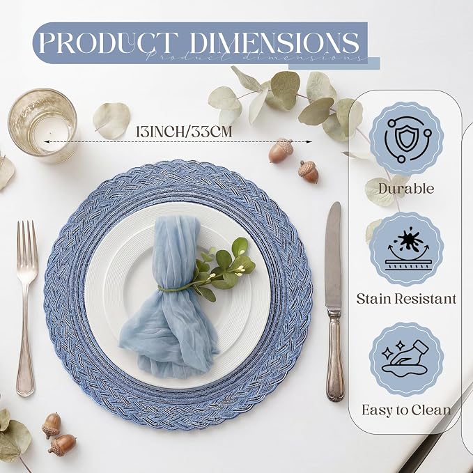 Geosar 100 Pcs Disposable Paper Placemats Cotton Woven Look 13'' Boho Round Placemats with Wavy Edge Rustic Table Pads Bulk for Dining Table Decoration Birthday Wedding Bridal Party (Navy Blue)