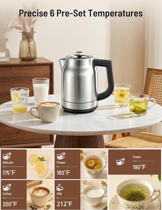 Airyoyo 1.7L 1500W Electric Tea Kettle with 13 Temperature Settings | Strix Thermostat, LED Display&Touch Control, Auto Shut-Off Protection